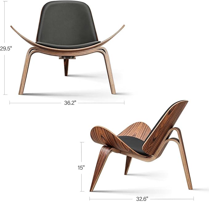 Mid Century Modern Shell Lounge Chair, PU Leather, Tripod Plywood Classic Design Solid Wood Accent Chairs for Living Room, Reading, Lounge, Office, Salon
