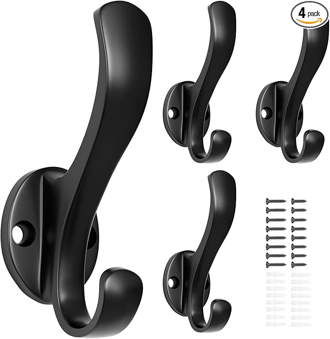 Coat Hooks Heavy Duty - Easy to Install Metal Towel Hooks Screw-in Wall Hooks for Hanging Hat, Towel, Key, Robe, Scarf, Bag, Cap (4 PCS Black)