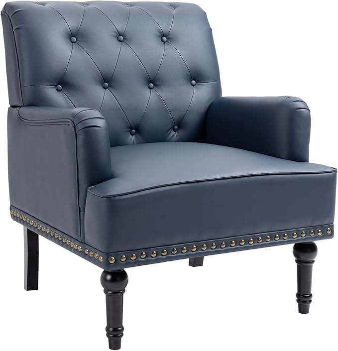 MOJAY PU Leather Accent Chair, Mid-Century Armchair Living Room Sofa Chair with Rubber Wood Leg, Club Chair with Rivet Trim for Bedroom Reading Room Reception (DarkBlue)