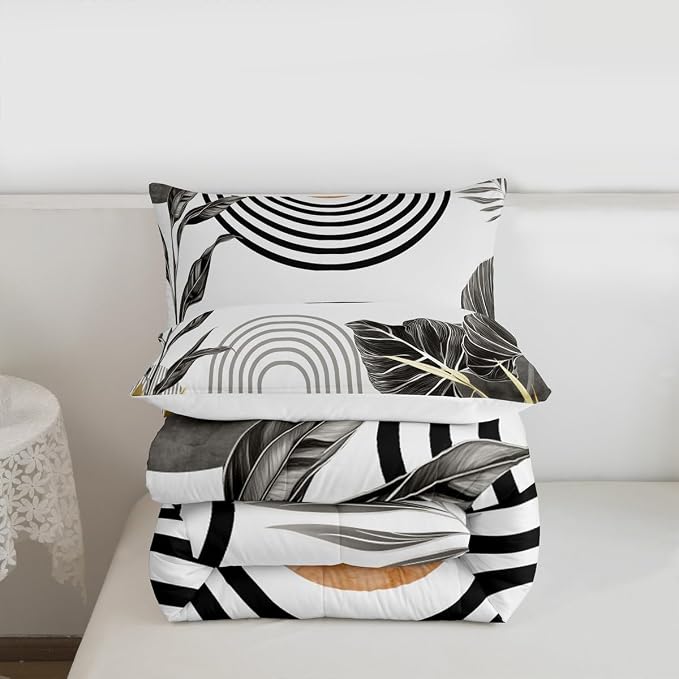 Erosebridal Modern Boho Comforter Grey White Aesthetic Twin Bedding Set Abstract Mid Century Bedding for Kids Teens Simple Tropical Palm Leaf Duvet Insert 2Pcs Room Decor