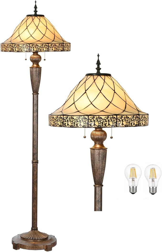 FL0002 Tiffany Floor Lamp Stained Glass Lampshade Beige-Like Color with Geometric Pattern, Warm Glow & Elegant Design, Antique Finished Lampbase, W 18 X H 62.5 Inches, LED Bulbs Included