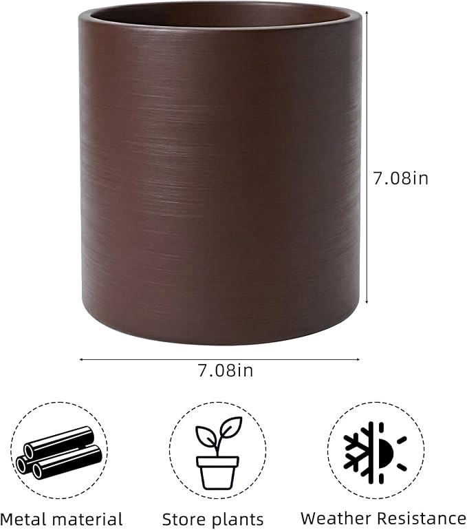 Coffee Metal Plant Pot with Drainage Hole,7 Inch Mid Century Modern Small Pot Indoor Outdoor Planters for Succulents, Flowers & Home Decor Gift Window Living Room Bedroom