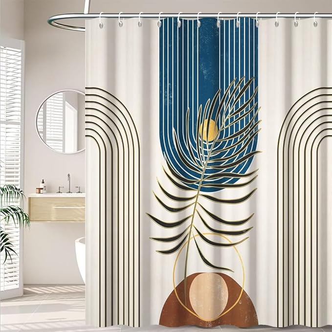 Mid Century Boho Shower Curtain for Bathroom Modern Abstract Minimalist Bathroom Decor Set Plant Leaves Arch Sun Bathtub Curtains Machine Washable Waterproof Polyester Fabric with Hooks 54x72 Inch