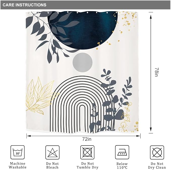 Riyidecor Extra Wide Boho Navy Blue Shower Curtain for Bathroom Decor 72Wx78H Gold Eucalyptus Plants Abstract Boho Modern Mid Century Art Printed Fabric Polyester Waterproof 12 Pack Plastic Hooks