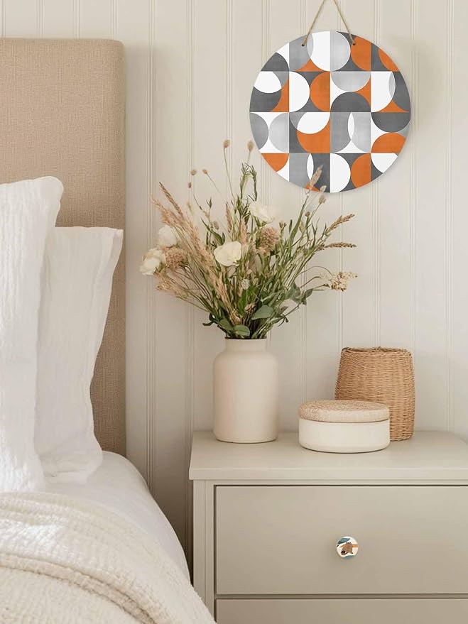 Welcome Sign for Front Door Mid Century Geometric Wood Door Hanger for Outdoor Outside Porch,12 Inch Round Wooden Wreath Indoor Wall Hanging Decoration, Abstract Modern Orange