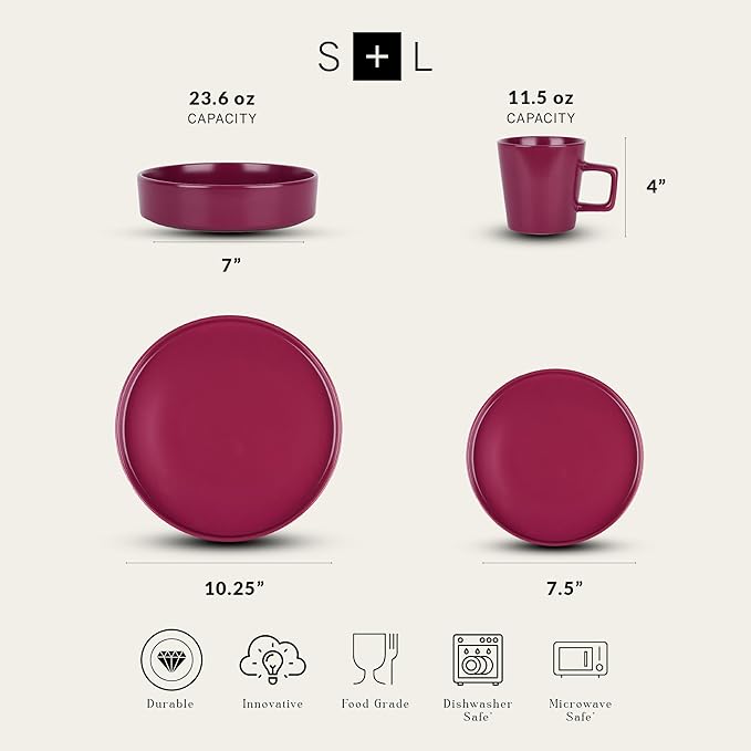 Stone Lain Cleo Stoneware 16-Piece Modern Dinnerware Set, Plates and Bowls, Magenta, Service for 4, Microwave & Dishwasher Safe