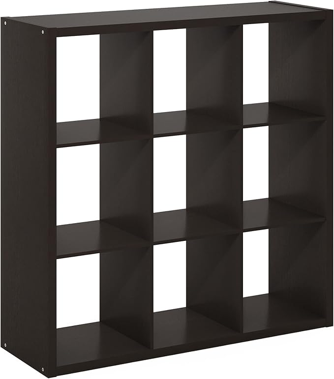 Furinno CUBICLE Book Shelf, 9-Cube Bookshelf, Extra Thick Frame Reversible Bookcase with Open Back, 14.6" x 44" x 44", for Living Room, Bedroom, Home Office, Black Dark Oak