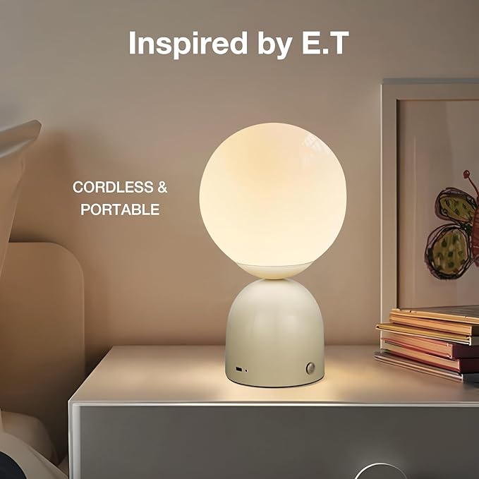 Cordless Globe Glass Table lamp Beige, 5200-mAh Rechargeable Orb Lamp, 3-Level Brightness Dimmable, Integrated LED 320 Lumen Max, for Bedside Nightstand Light