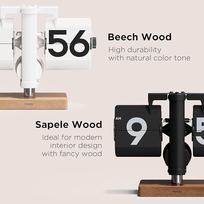 mooas Classic Modern Wood Mini Flip Desk Clock (White), Retro Vintage Analog Design Auto Flip Clock Table Clock Large Number Battery Powered, Ideal for Home Office School Hotel Café