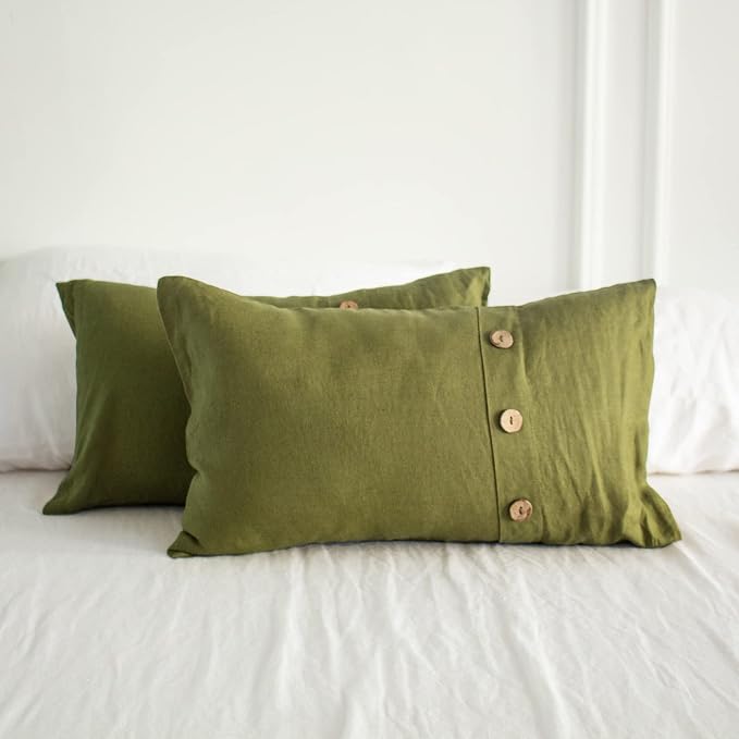 Simple&Opulence 100% Linen Lumbar Pillow Cover 12 x 20 Inch Set of 2 Rectangular Decorative Pillow Cover with Vintage Triple Coconut Button for Couch Sofa Bed Living Room Office Décor - Olive Green
