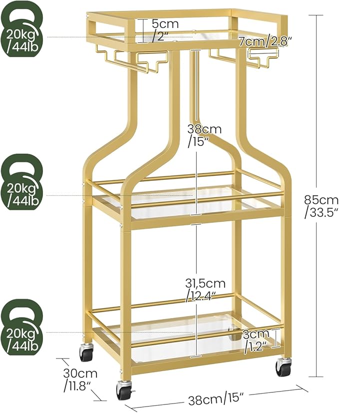 Bar Cart, 3-Tier Bar Serving Rolling Cart with Wheels and Wine Glass Holders, Mobile Beverage and Wine Cart, for Kitchen, Dining Room, Gold TTC30GJ