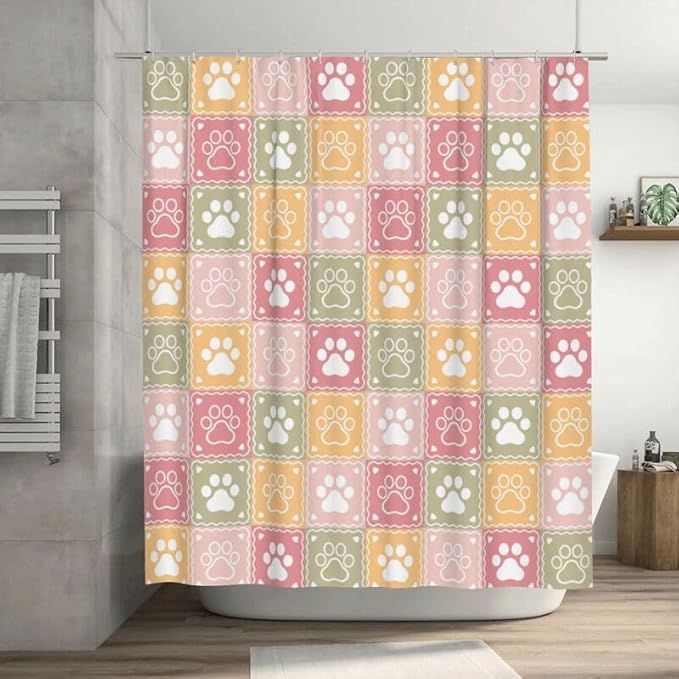 Paw Shower Curtain Cartoon Animal Colorful Checkered Footprints Pattern Duty Fabric Shower Curtains Set Bathroom Polyester Waterproof with 12 Hooks, 55x72Inch（140x183cm）