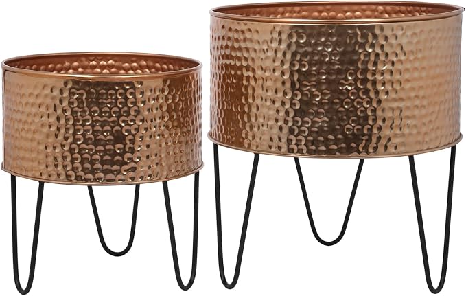 MyGift Modern Hammered Copper Tone Planter Pot, 8 and 10 Inch Metal Round Plant Container with Matte Black Wire Stand, Set of 2 - Handcrafted in India
