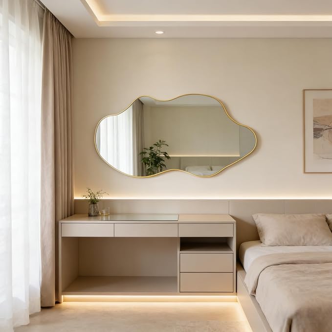 Large Irregular Mirror, 59"x30" Gold Asymmetrical Frameless Mirror Full Length, Organic Shape Wall Mirrors for Entryway Living Room Bedroom Hallway, Hangs Vertically or Horizontally