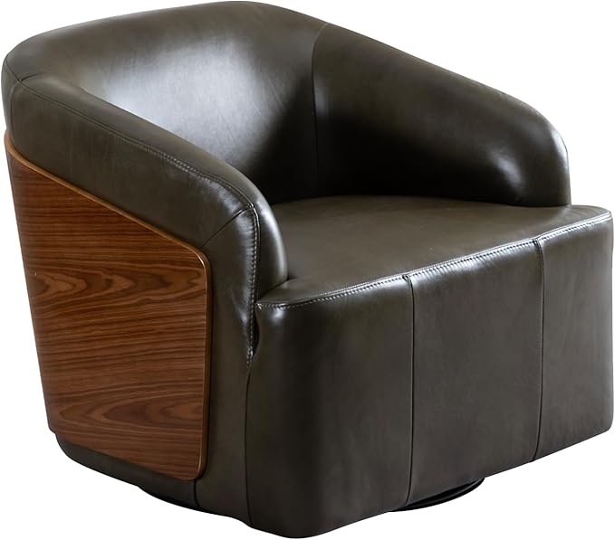 Genuine Leather Swivel Accent Chair Swivel Barrel Chair Comfortable Mid Century Modern Chair Upholstered Metal Base Armchair for Living Room Bedroom Office Large Olive Green
