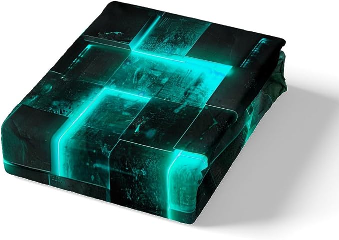 Teal and Black Bed Set 3D Glowing Buffalo Duvet Cover King Size, Modern Abstract Art King Bedding Sets Geometric Plaid Comforter Cover, Gradient Futuristic Cubes Bed Cover (Black Reversible)