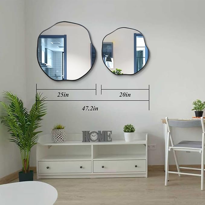 POZINO Irregular Round Mirror, 25" Asymmetrical Circle Mirrors, Scalloped Mirror Over Sink, Modern Frameless Abstract Mirrors for Living Room Bedroom Bathroom Entryway Hallway Fireplace