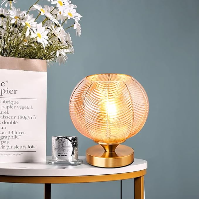 Mid-Century Modern Glass Table Lamp 3 Brightness Levels Dimmable Touch Control Desk Lights with Plug in Cord On/Off Switch, Globe Decor Nightstand Lamps for Bedroom Living Room Office (Amber)