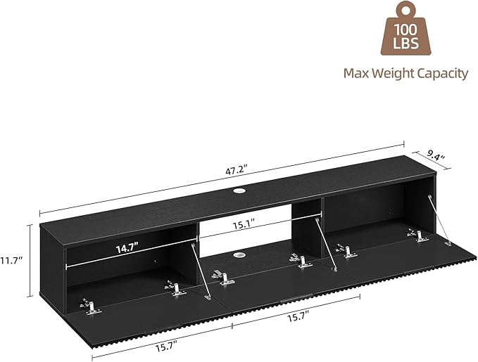 Floating TV Stand with 3 Doors,47IN Wall Mounted TV Cabinet,Slatted Floating Media Console Entertainment Center with Storage,Under TV Shelf for Bedroom Living Room,Black