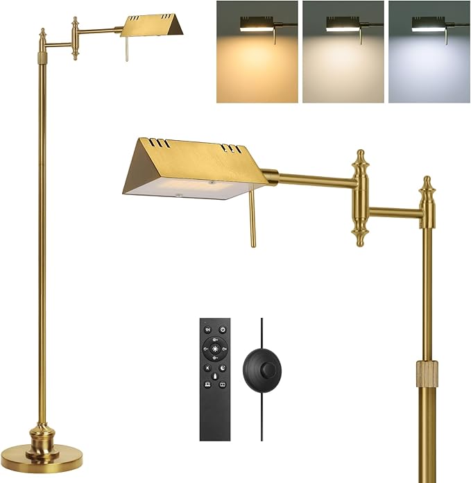 Dimmable Pharmacy Floor Lamp with Remote, 17W Gold LED Reading Floor Lamp with 360°Swing Arm, 3 Color Temperature, Height Adjustable Standing Task Lamp for Living Room, Bedroom, Office, Antique Brass
