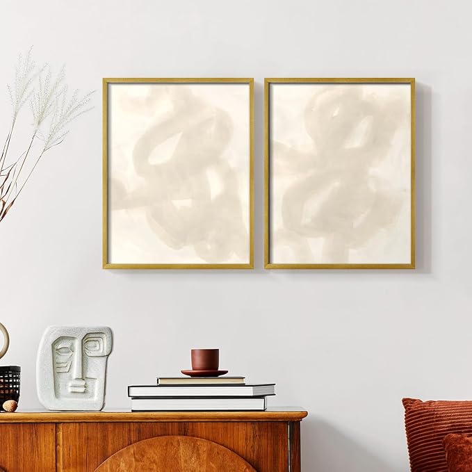 Renditions Gallery Set of 2 Peel & Stick Framed Prints, Abstract Wall Art, Beige and White Aesthetic Wall Decor, Re-Stickable - Ready to Hang - 11"x14" - GOLD Frame LT588