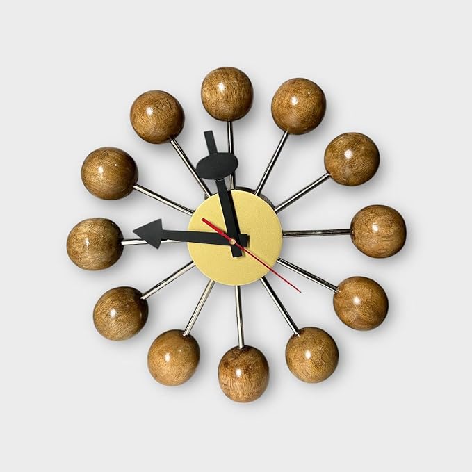 Mid Century Modern Ball Clock – George Nelson Style Wooden Wall Clock, Retro Starburst Design, Silent Non-Ticking Decorative Wall Decor for Living Room, Office, Kitchen & Home (Natural Brown, 20 Inch)