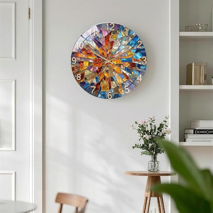 12 Inch Colorful Mosaic Glass Wall Clock Silent Art Decor | Silent glossy clock with a vibrant stained glass mosaic design, perfectly tracking time to brighten your living room