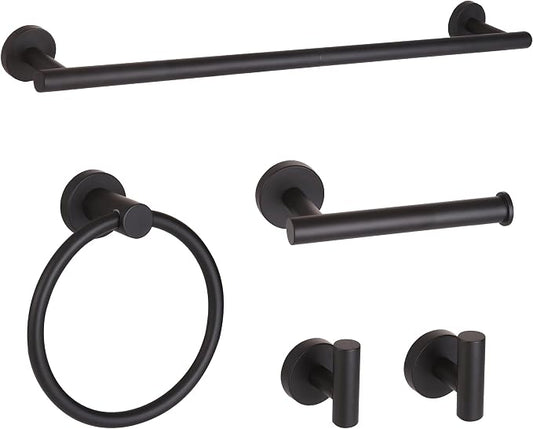 Matte Black Bathroom Hardware Set, Modern 24-Inch Towel Bar Set Wall Mounted, Towel Rack Set Black,Stainless Steel Bathroom Accessories Set Black,5-Pieces