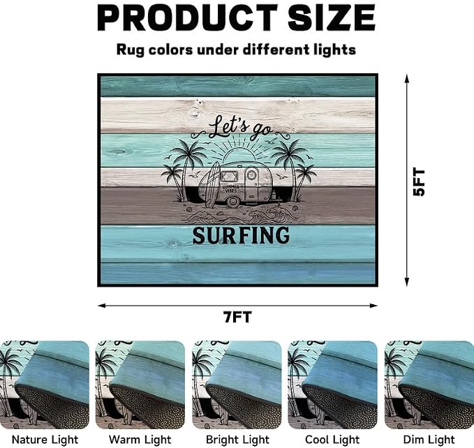 Surfing Area Rug Beach Van Palm Tree Carpet Retro Wood Grain Striped Rugs Non Slip Washable Floor Mat for Bedroom Living Room Nursery Playroom Classroom Home Decor,5'x7'