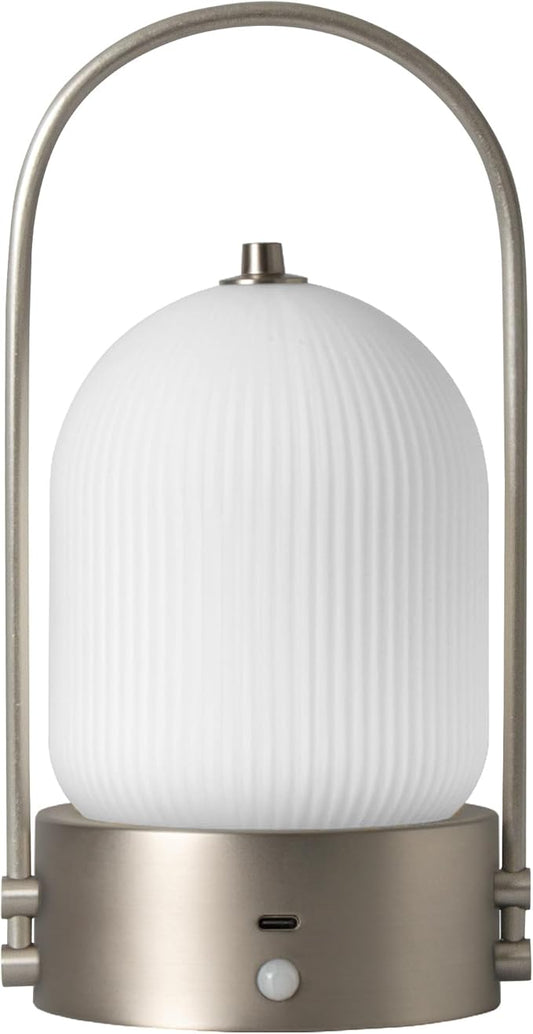 Aisilan Modern Milk Glass Bedside Table Lamp, Cordless Rechargeable Touch Control Lamp with Motion Sensor, Dimmable LED Nightstand Light for Bedroom & Home Decor, Brushed Nickel, 3W