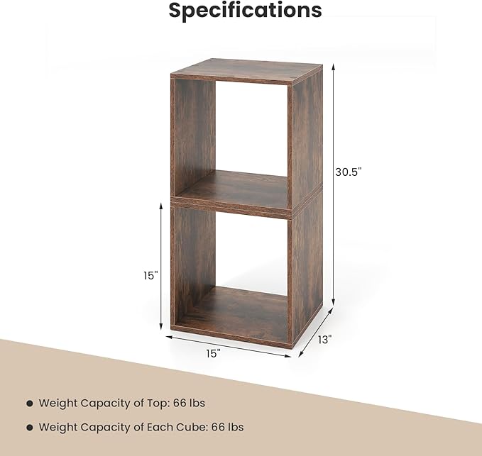 2 Stackable Cubes Bookcase, Wooden Cubby Storage Organizer with Anti-Tipping Device, Small Book Shelf for Small Space, Combination Square Bookshelf Cubes (2, Rustic Brown)