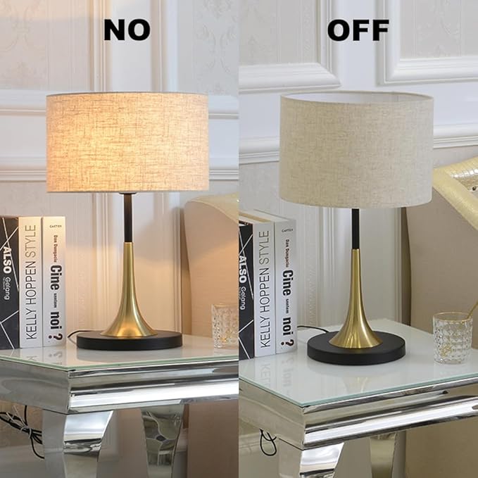 Vintage Bedside Table Lamp, 3 Way Dimmable Mid Century Modern Table Lamps for Living Room, Fabric Shade Black Gold Base Small Desk Lamp for Side end Table Bedroom Office