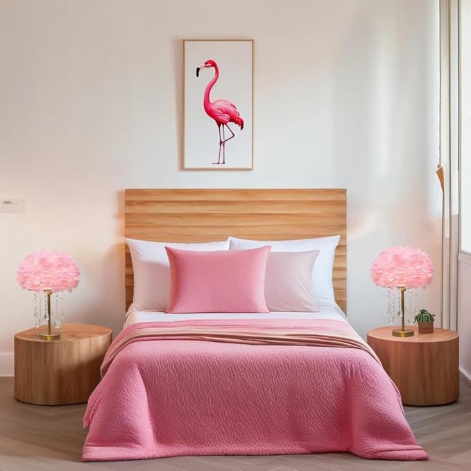 Fandian Bedside Table Feather Lamp Night Light with 3 Color Changing LED Lamp, Plug in Table Lamp for Romantic Girl Mother Bedroom Nursery Desk Decor (Pink)