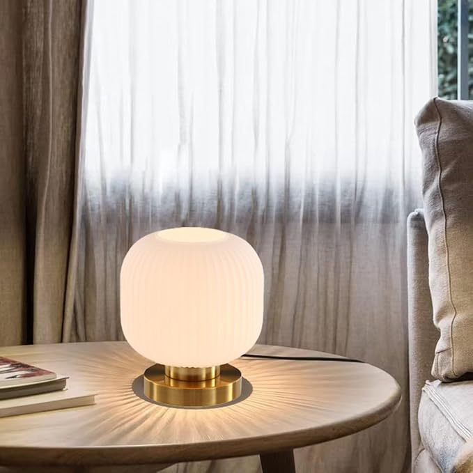 mid Century Modern Table lamp Gold Desk lamp White Ribbed Glass Shade Globe Table lamp nightstand lamp Small Table lamp for Bedside end Table Bedroom Living Room Office