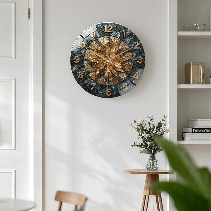 24 Inch Leaf Mosaic Glass Wall Clock Silent Modern Art Decor | Silent glossy wall clock with a vintage crushed stone mosaic design, tracking time perfectly for your living room