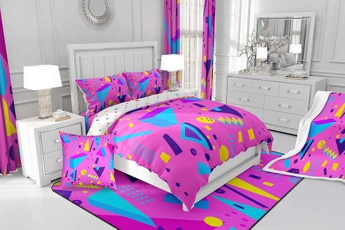 80s Bedding Set Memphis Pattern Old Fashion Comforter Cover,Vintage 90s Memphis Style Duvet Cover Abstract Geometric Pattern Retro Bed Set Full,Rainbow Urban Modern Circles Triangle Room Decor
