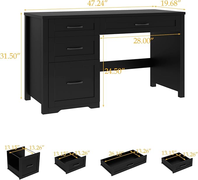 Farmhouse 47" Executive Desk with File Drawer, Wood Computer Desk with 3 Storage Drawers, Workstation for Home Office, Study, Writing(Black)