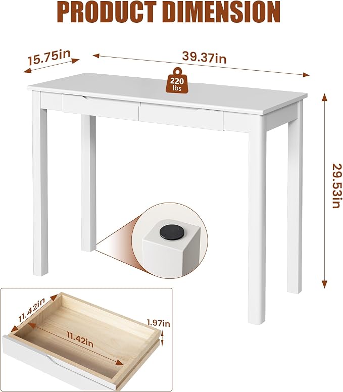 Solid Wooden Desk with Drawers - 39 x 16 Inch Simple Narrow Desks, Rubber Wood Study Table, Small Writing Desk for Bedroom|Small Spaces - White Modern Desks