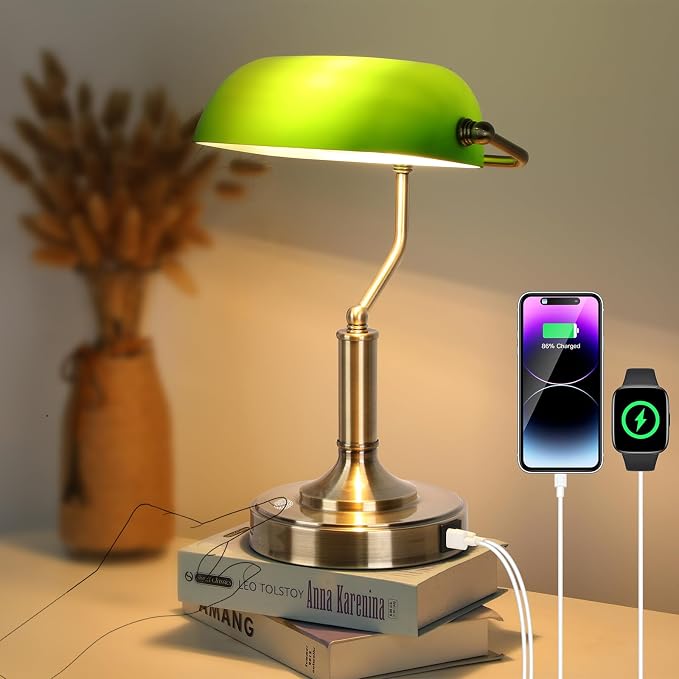 LINNMON Bankers Lamp, Green Desk Lamp with Touch Control Switch, Retro Lamp with USB and Type C Charging Ports, Vintage Lamp for Home Office, Piano, Library, LED Bulb Included (Vintage)