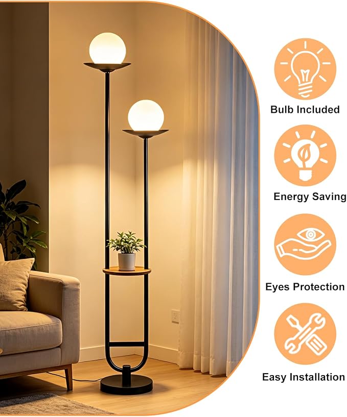 Lightdot 63IN Black Floor Lamp with U Pole, 2 Globe Mid Century Standing Lamps Dimmable with 3000K Warm White LED Bulbs, Unique Vintage Tall Floor Lamp for Living Room/Wedding/Party