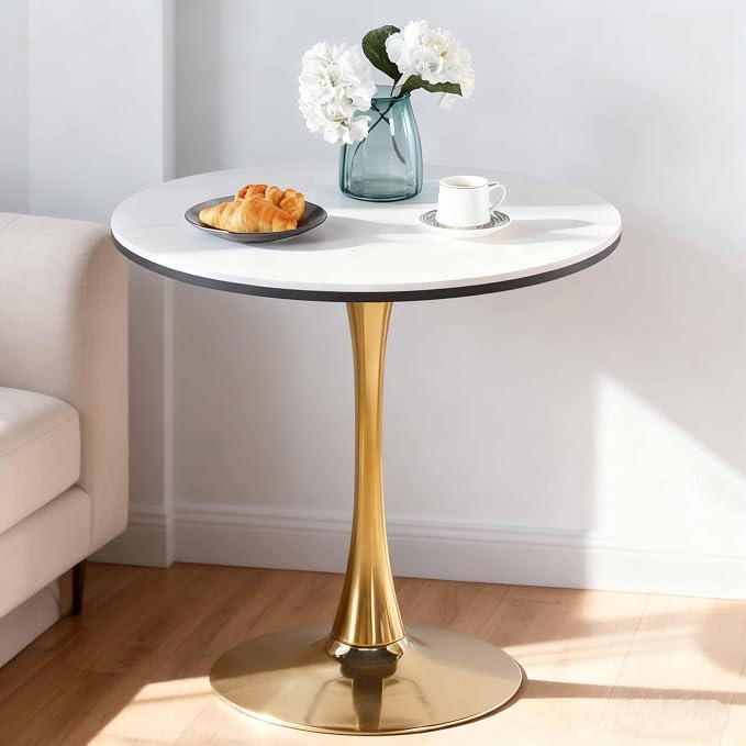 31.5" Marble Round Dining Table, Modern White and Gold Tulip Kitchen Table with Marble Tabletop & Sturdy Pedestal Base, Tulip Shape Table for Small Places, Living Room, Office, Cafe