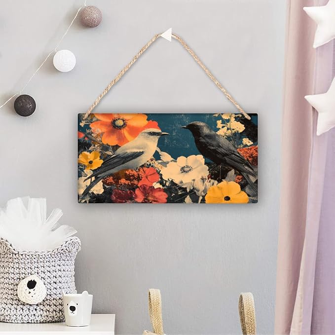 Black Bird in Red & White Flower Collage Wooden Sign 12x6 Inch - Eclectic Office Decor for Retro Lovers - Great Gift for Bold Home Accent Admirers