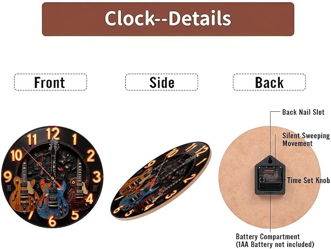 Vintage Guitar Wall Clock Neon Clock Electric Guitar Decor 10-Inch Wooden Wall Clock, Silent Movement, Battery Operated (AA Batteries Not Included), Artistic Home Decor, Perfect for Home Accents