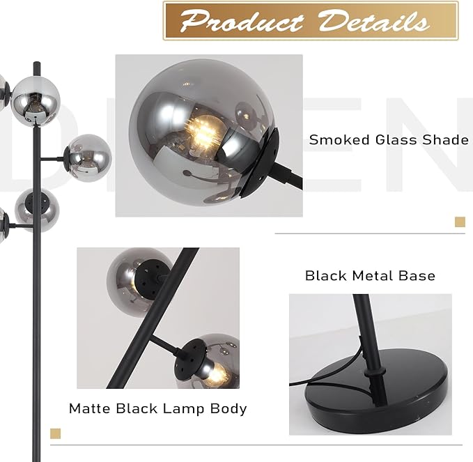 KCO Lighting Smoked Glass Floor Lamp Modern Globe Floor Lamp Farmhouse Black Standing Lamp Multi Head Floor Lamps for Living Room Bedrooms Office