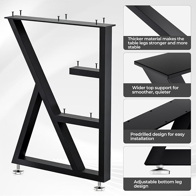 Table Legs 28”H x 20”W Heavy Duty Metal Furniture Legs K Shape for Dining Table Kitchen Table Office Desk Table Base Replacement with Adjustable Feet Pads Screws 1000 LBS Load Black Set of 2