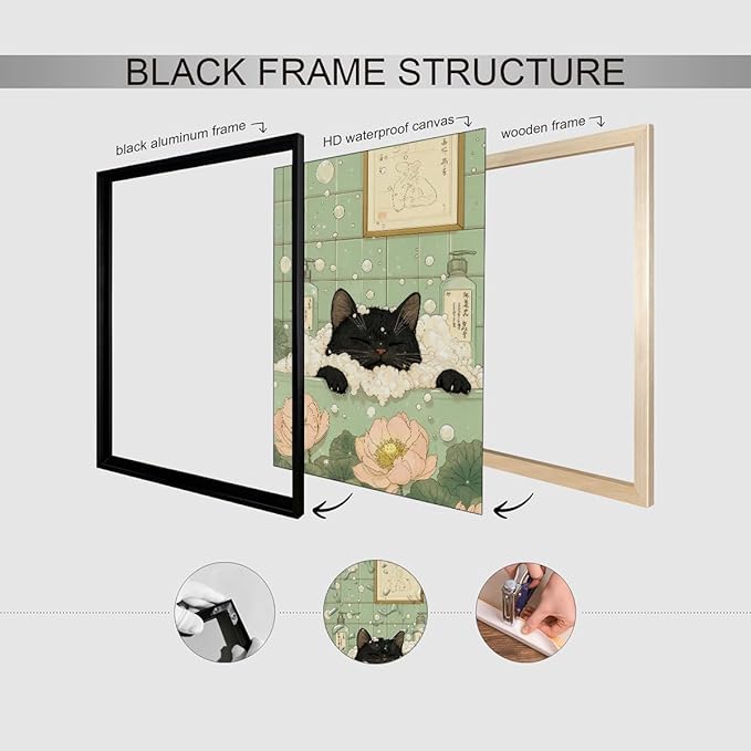 Black Cat in Bathtub Poster Vintage Japanese Bathroom Wall Art 16X24 inch Black Framed Funny Cute Animal Canvas Prints for Bedroom Restroom Toilet Wall Decor
