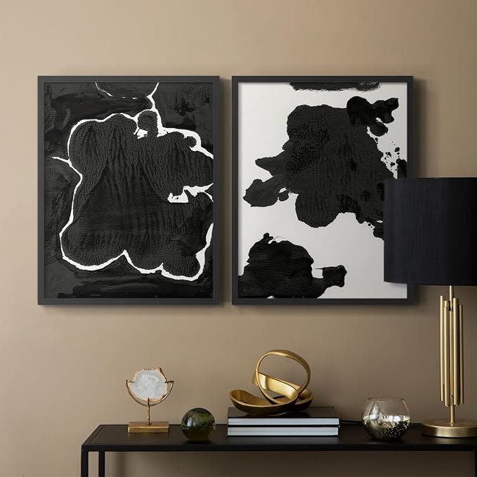 Renditions Gallery Set of 2 Peel & Stick Framed Prints, Fluid Abstract Wall Art, Black and White Inkblot Wall Decor, Re-Stickable - Ready to Hang - 8"x10" - Black Frame LT588