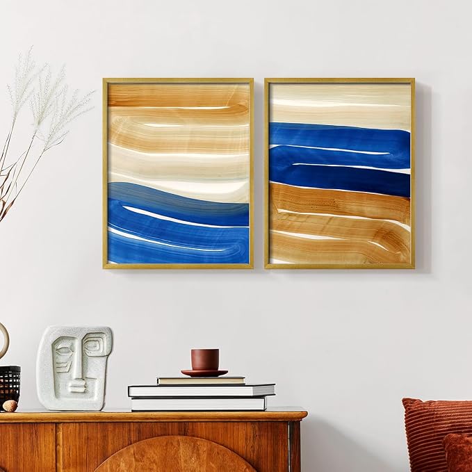 Renditions Gallery Set of 2 Peel & Stick Framed Prints, Abstract Wall Art, Blue and Gold Wave Textured Background Wall Decor, Re-Stickable - Ready to Hang - 22"x28" - GOLD Frame LT588