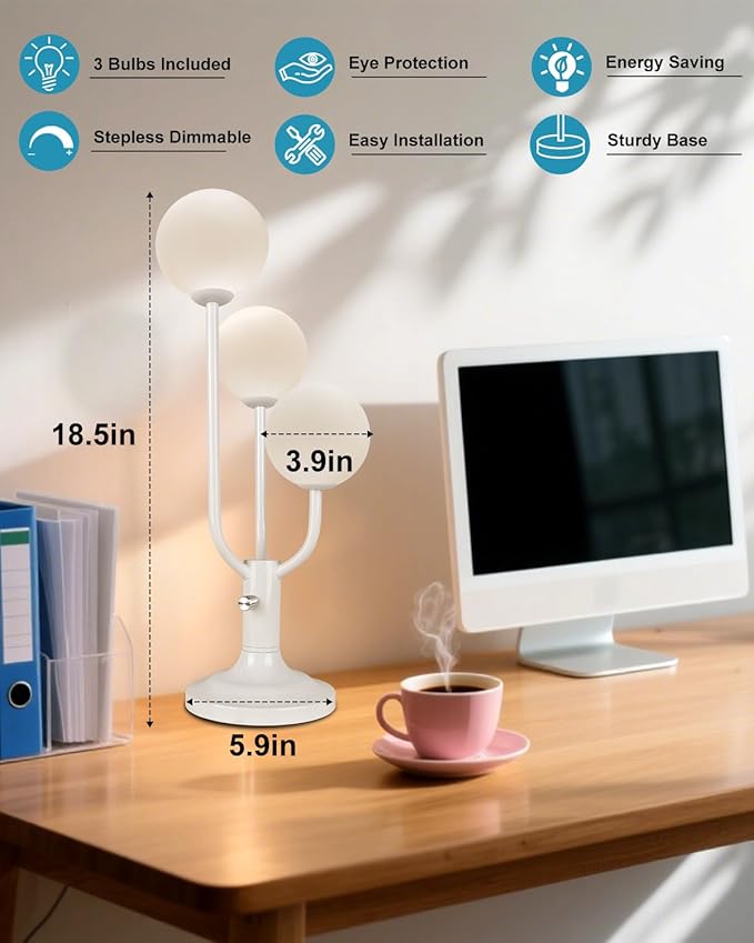 Lightdot Modern White Globe Table Lamp Dimmable Mid Century 3-Light Desk Lamp 3000K Warmwhite Nightstand Lamp for Bedroom Bedside End Table(G9 Bulb Included)