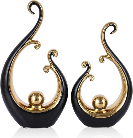 DOVDOV Black and Gold Home Decor, Abstract Ceramic 2-Piece Sculpture Set, Modern mid-Century Art Statues, Perfect for Accent Tables, countertops, Coffee Tables, and entryway Decor.